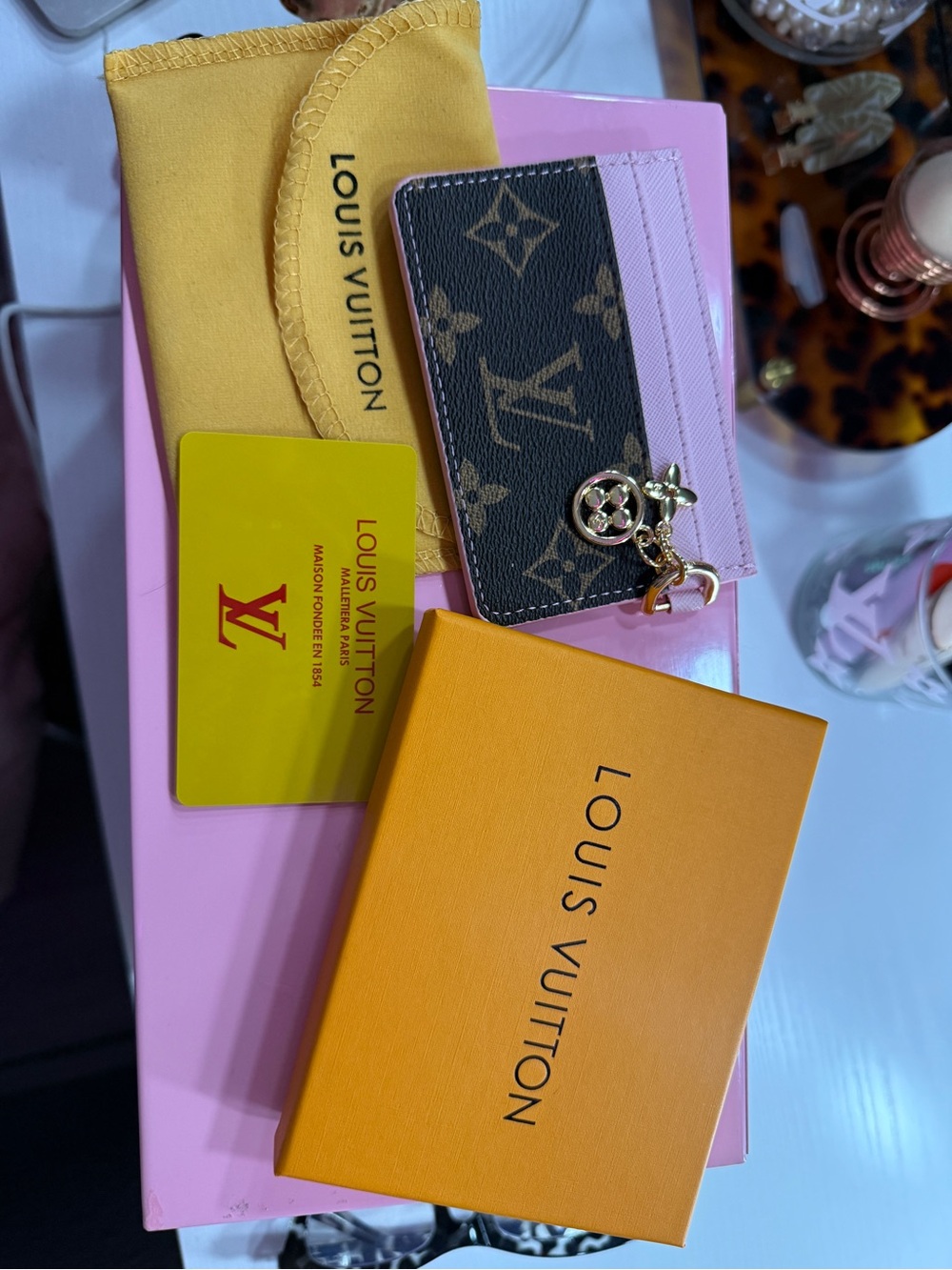 Louis Vuitton Monogram & Pink Card Holder with Gold Charm